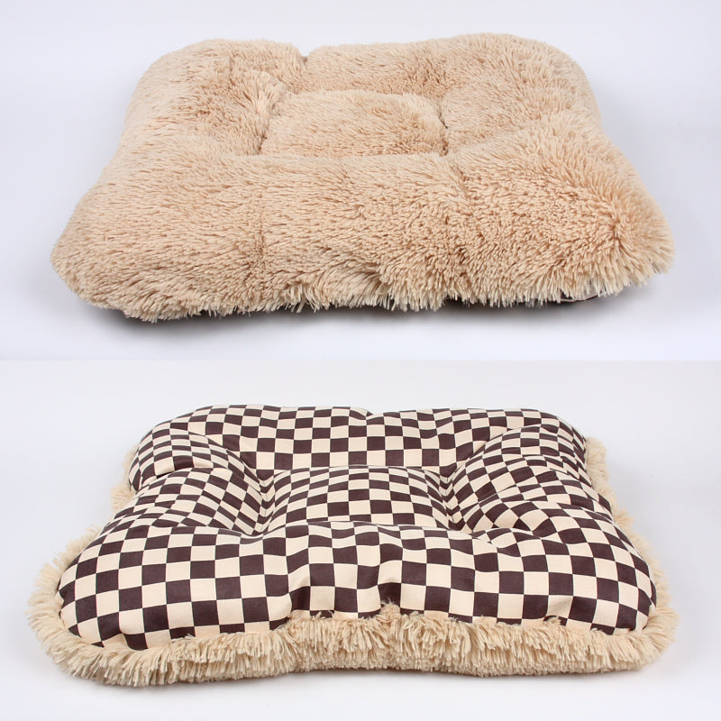 SQUARE WINDSOR BIG CHECKERED BED WITH CAMEL SHAG, Beds - Bones Bizzness