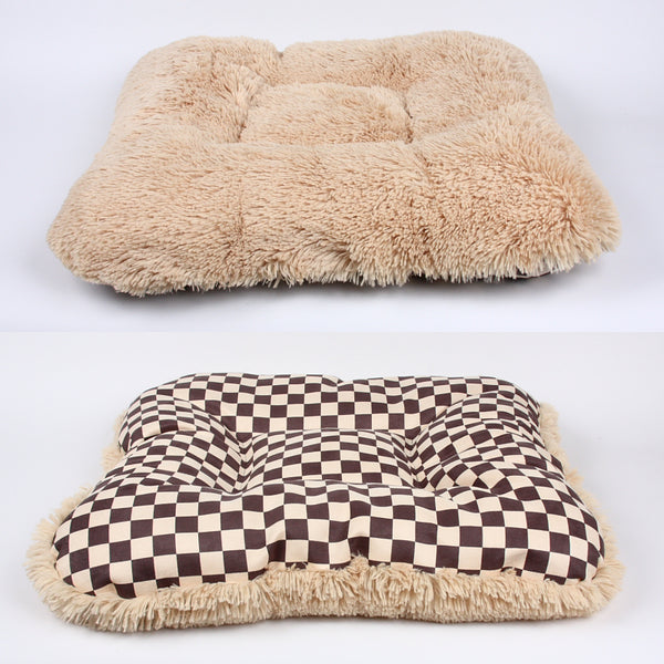 SQUARE WINDSOR BIG CHECKERED BED WITH CAMEL SHAG, Beds - Bones Bizzness
