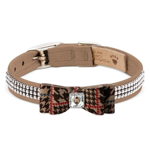 SUSAN LANCI CHOCOLATE GLEN HOUNDSTOOTH BIG BOW 3 ROW GILTMORE DOG COLLAR