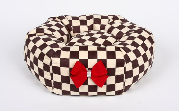 WINDSOR BROWN CHECKERED BED WITH RED BOW, Beds - Bones Bizzness