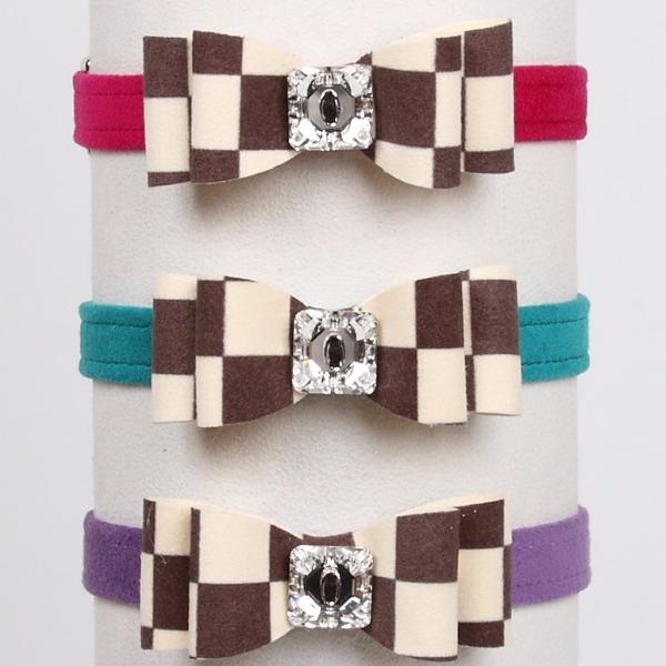 WINDSOR CHECKERED DOG COLLARS 1/2" W/ REALLY BIG BOW, Collars - Bones Bizzness