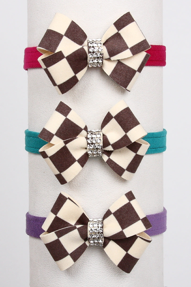 WINDSOR CHECKERED DOG COLLARS 1/2"  W/ NOUVEAU BIG BOW, Collars - Bones Bizzness