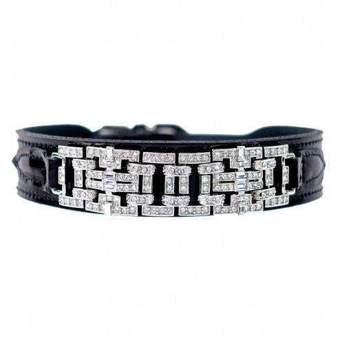 HAUTE COUTURE ART DECO IN BLACK PATENT & NICKEL DOG COLLAR, Collars - Bones Bizzness