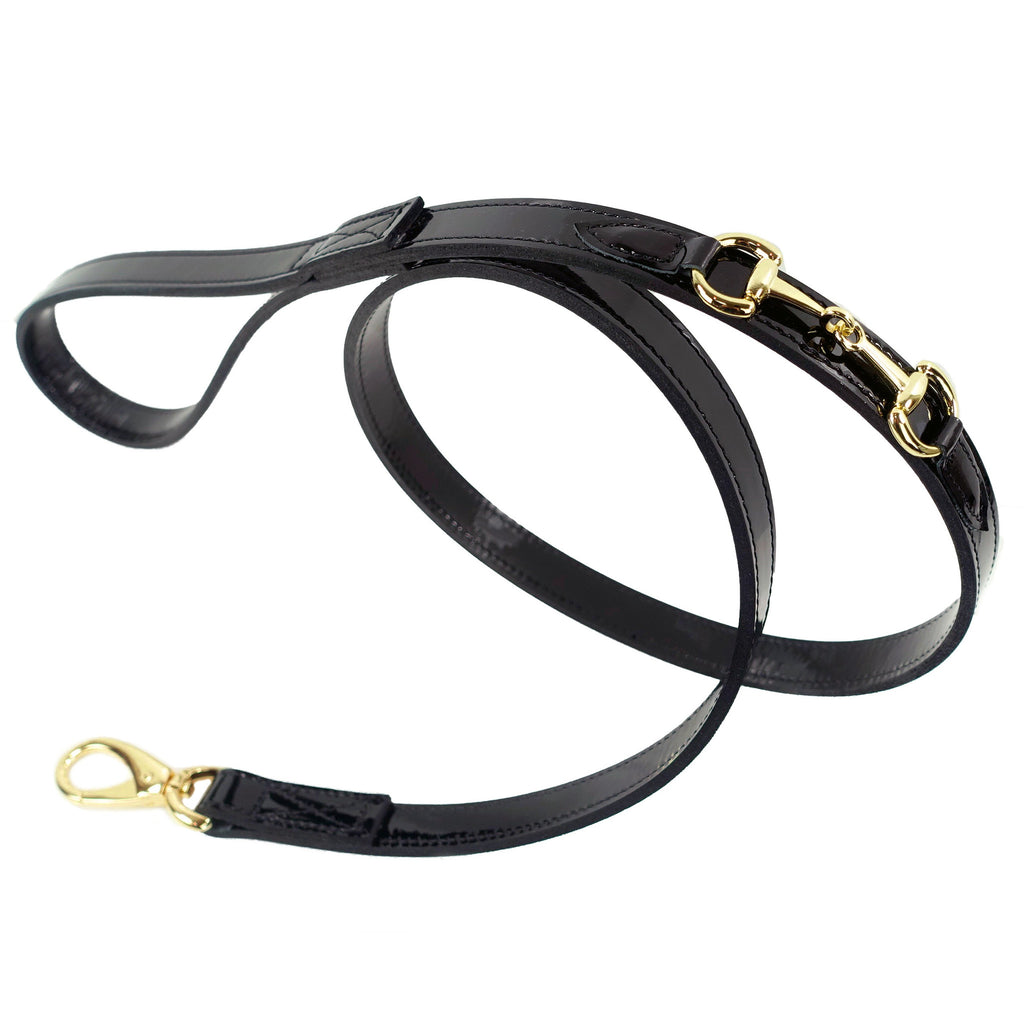 BELMONT DOG LEAD IN BLACK PATENT & GOLD, Leash - Bones Bizzness