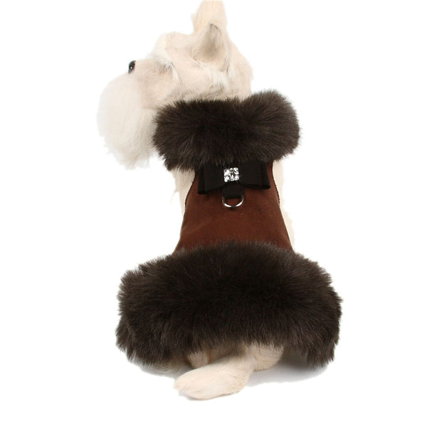 CHOCOLATE FOX FUR HARNESS DOG COAT W/BLACK BOW, Coats - Bones Bizzness