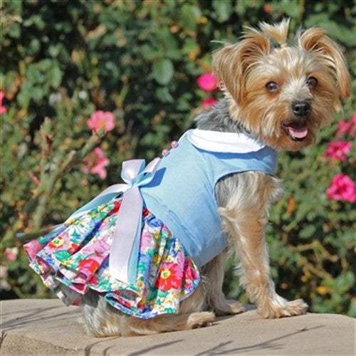 PASTEL FLORAL DOG DRESS WITH MATCHING LEASH - BLUE & WHITE, Dress - Bones Bizzness