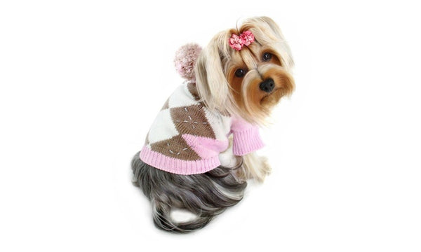 ARGYLE HOODIE DOG SWEATER W/ POM POM - PINK, Sweaters - Bones Bizzness