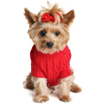 FIERY RED COMBED COTTON CABLE KNIT DOG SWEATER