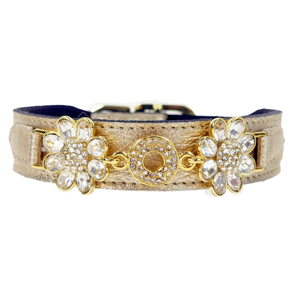 DAISY IN METALLIC GOLD WITH CLEAR CRYSTALS DOG COLLAR, Collars - Bones Bizzness