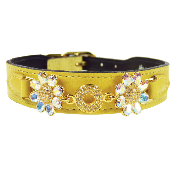 DAISY IN CANARY YELLOW & AURORA BOREALIS CRYSTALS DOG COLLAR, Collars - Bones Bizzness