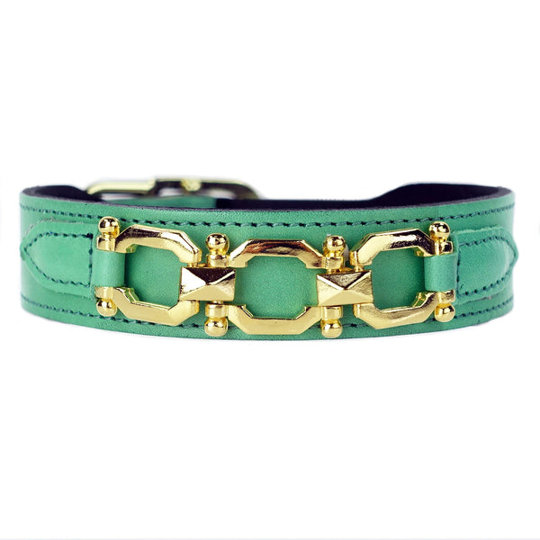 GEORGIA ROSE IN KELLY GREEN & GOLD DOG COLLAR, Collars - Bones Bizzness