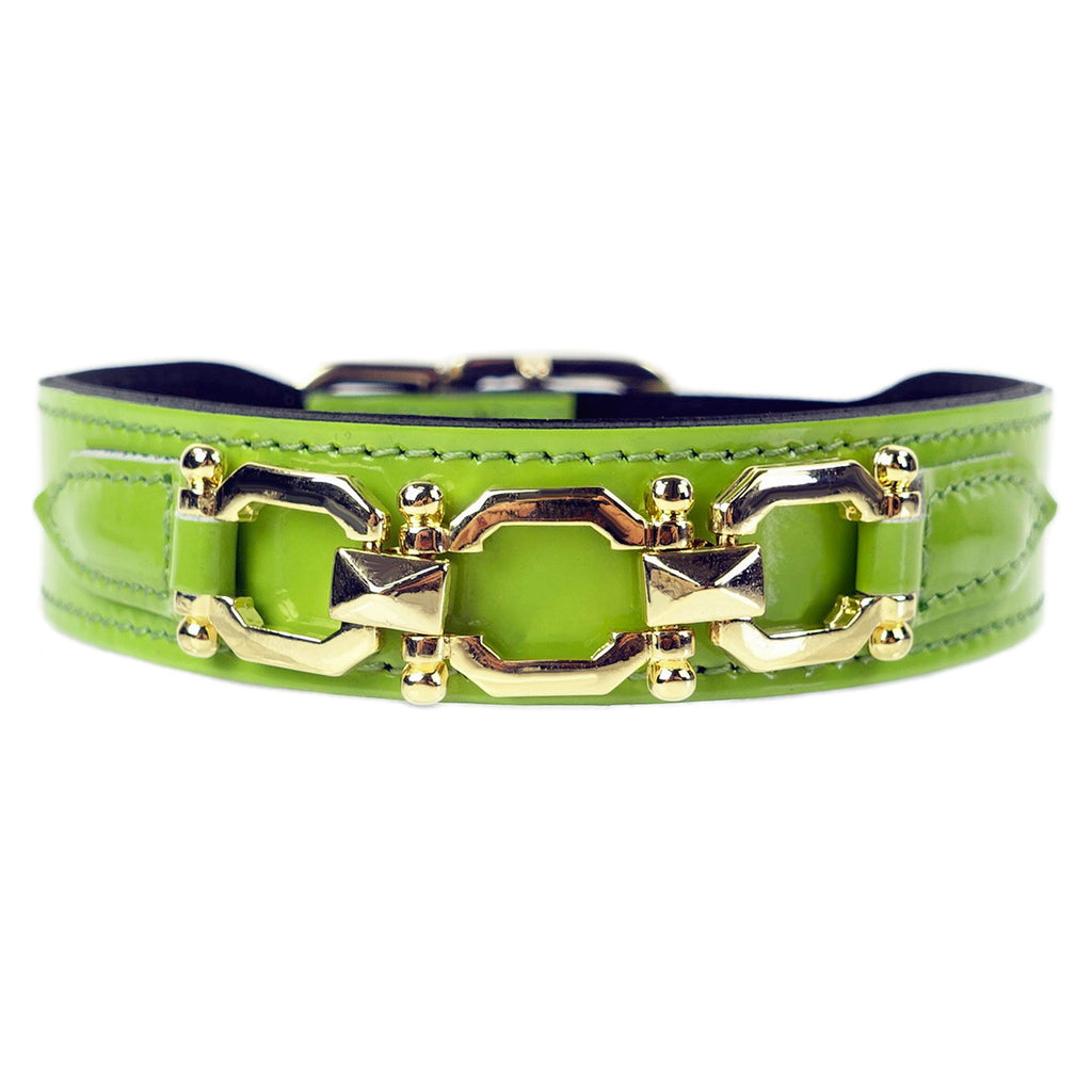 GEORGIA ROSE IN BRIGHT GREEN PATENT & GOLD DOG COLLAR, Collars - Bones Bizzness