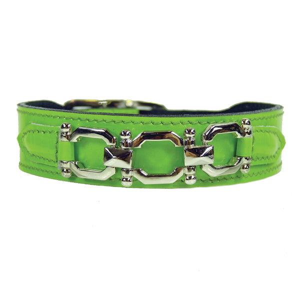 GEORGIA ROSE IN BRIGHT GREEN PATENT & NICKEL DOG COLLAR, Collars - Bones Bizzness