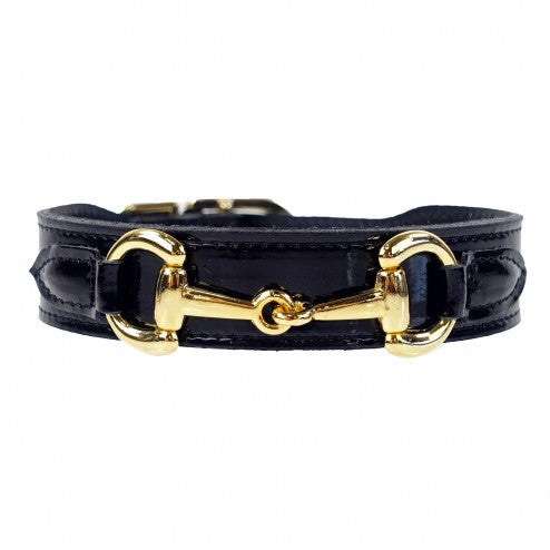 BELMONT IN BLACK PATENT & GOLD DOG COLLAR, Collars - Bones Bizzness