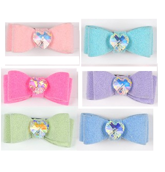 SWAROVSKI CRYSTAL ULTRASUEDE HEART DOG HAIR BOWS - (53 COLORS)