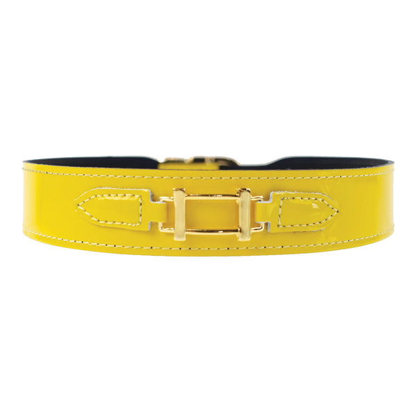 HAMILTON COLLECTION IN CANARY YELLOW PATENT & GOLD DOG COLLAR, Collars - Bones Bizzness