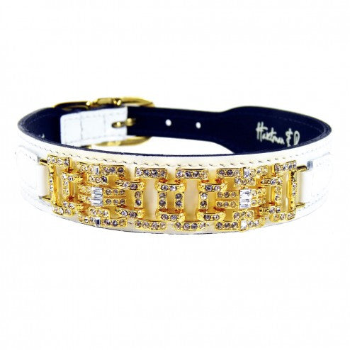 HAUTE COUTURE ART DECO IN WHITE PATENT/GOLD DOG COLLAR, Collars - Bones Bizzness