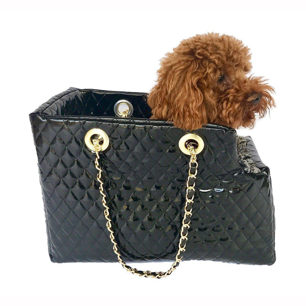 KATE QUILTED DOG CARRIER BLACK PATENT