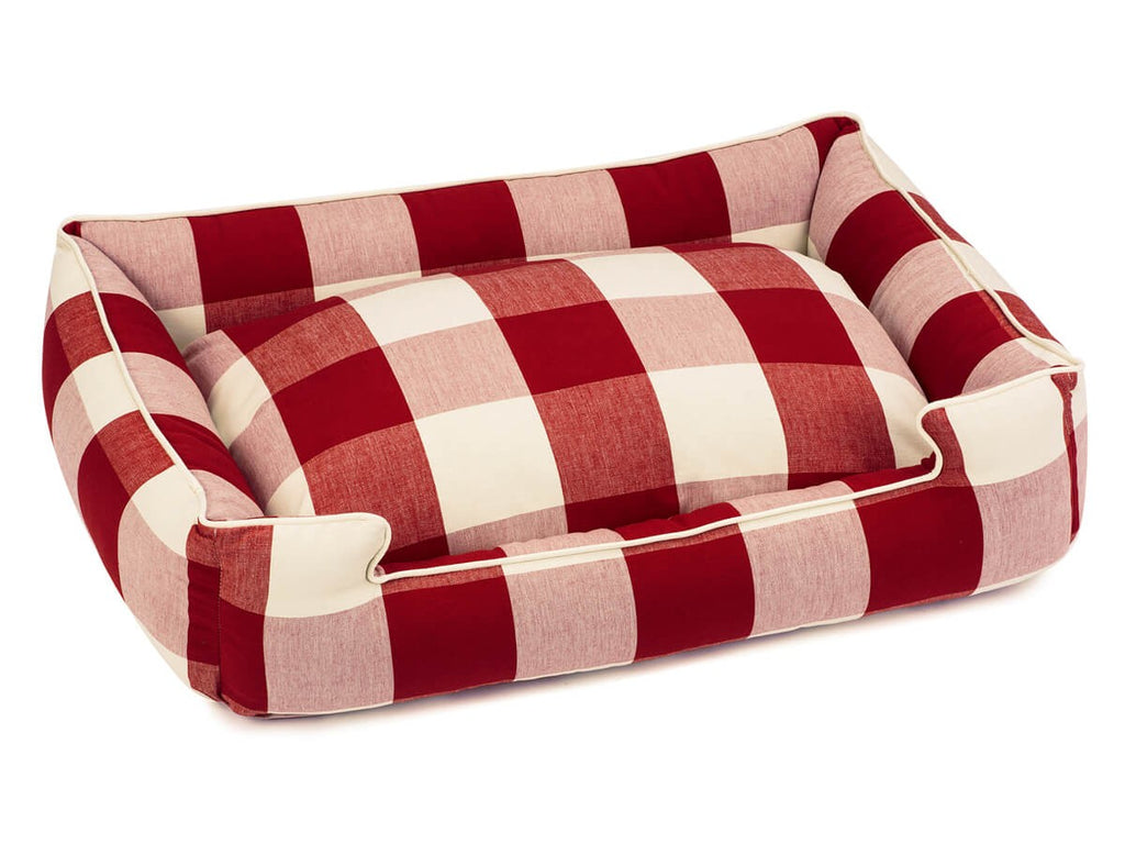 CRIMSON BUFFALO CHECK LOUNGE DOG BED, Beds - Bones Bizzness