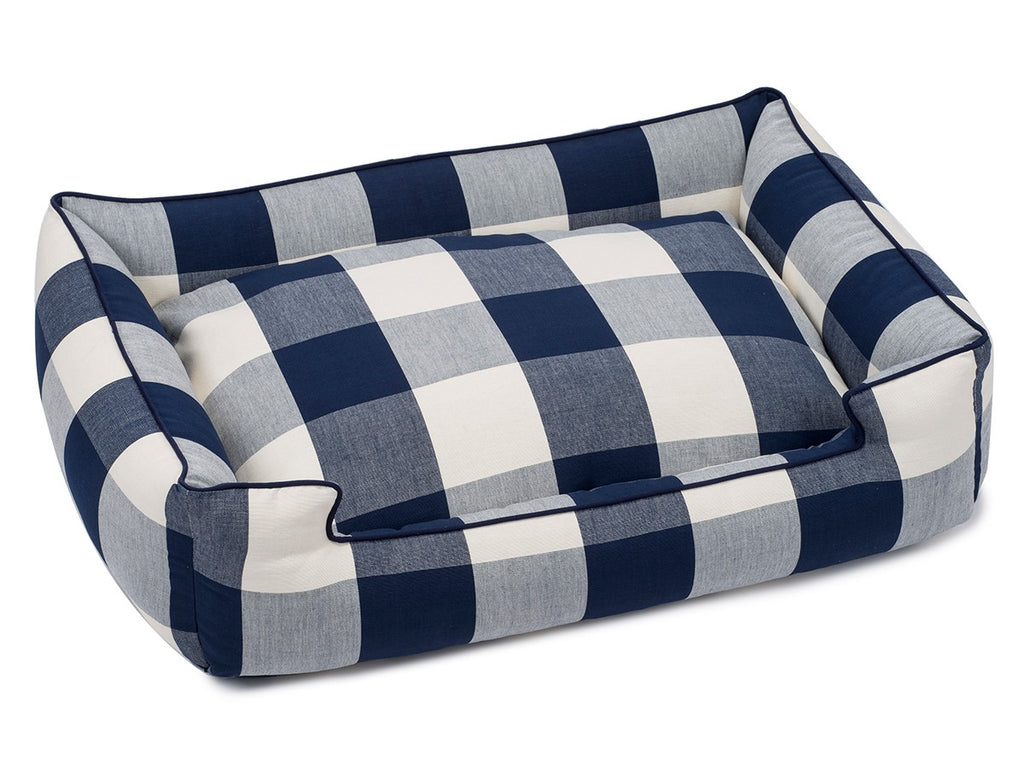 NAVY BUFFALO CHECK LOUNGE DOG BED, Beds - Bones Bizzness