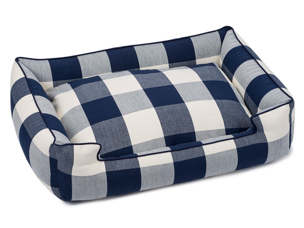 NAVY BUFFALO CHECK LOUNGE DOG BED, Beds - Bones Bizzness