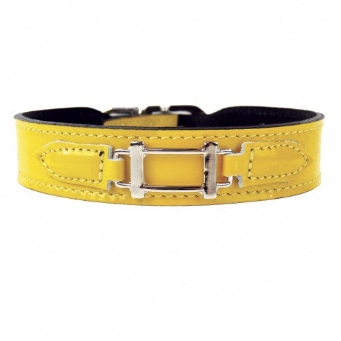 HAMILTON COLLECTION IN CANARY YELLOW PATENT LEATHER & NICKEL DOG COLLAR, Collars - Bones Bizzness