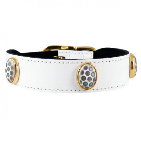 PEACOCK IN WHITE PATENT DOG COLLAR