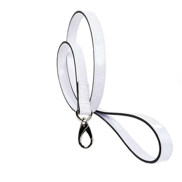 HAUTE COUTURE ART DECO DOG LEAD IN WHITE PATENT/NICKEL, Leash - Bones Bizzness