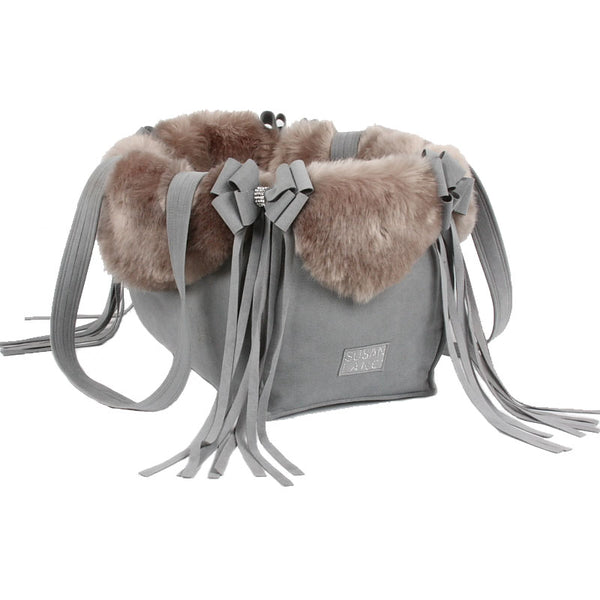 PLATINUM ULTRA-SUEDE & FOX FAUX FUR LUXURY DOG CARRIER  - BY SUSAN LANCI, Carriers - Bones Bizzness