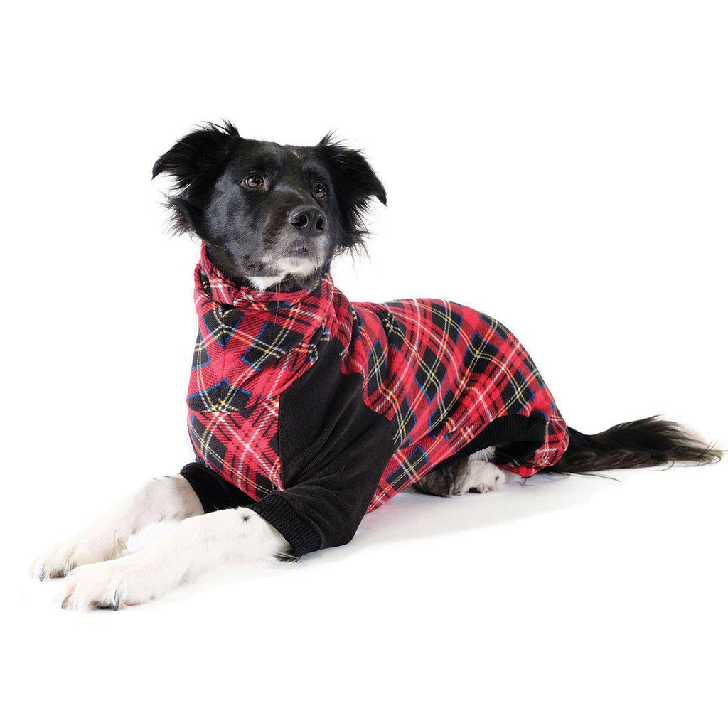 STRETCH FLEECE ONESIE DOG PAJAMAS TARTAN/BLACK