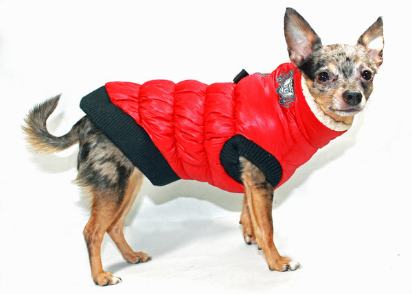 RED SCRUNCHY CROWN PUFFER VEST W/BLACK TRIM, Coats - Bones Bizzness