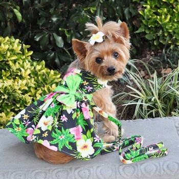 TWILIGHT BLACK HAWAIIAN HIBISCUS DOG DRESS WITH MATCHING LEASH, Dress - Bones Bizzness