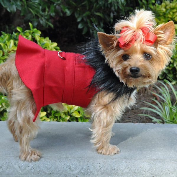 RED WOOL FUR TRIMMED DOG HARNESS & COAT W/ LEASH SET, Coats - Bones Bizzness